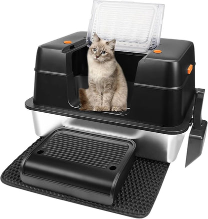 Vivifying Stainless Steel Litter Box, XL Side Entry Extra Large Litter Box with Lid for Big Cats &amp; Kitty, Removable Enclosed Metal Cat Pan with High Sided Enclosure, Scoop, Mat, Footboard (Black)