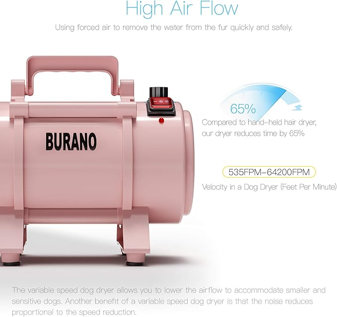 Burano Dog Dryer, High Velocity Pet Hair Dryer, 4.3HP Stepless Adjustable Speed Dog Hair Force Dryer for Dogs, Cats &amp; More, Powerful Pet Blower with Heater