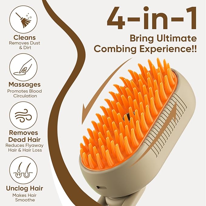 4-in-1 Cat Steam Brush for shedding–Self-Cleaning Comb for Long and Short Hair Cats and Dogs, Steam Pet Brush for Hair Removal, Vibrating Message, Grooming &amp; Relaxation (Khaki)