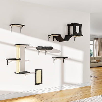 NUNU LAB Wall Mounted Cat Furniture, 6 Pcs Cat Wall Shelves with Condo House, Bridge, Steps, Scratcher, Hammock, Indoor Safe &amp; Stable Furniture for Kittens Play, Black