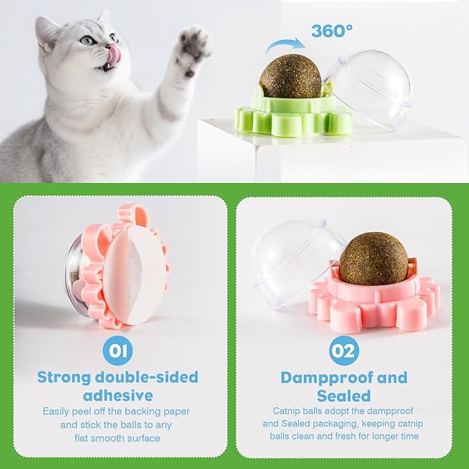 4 Pack Catnip Balls Roller Wall Ball for Cats Spinning Catnip Station Licking Balls Organic Cat nip Chew Ball for Teeth Cleaning &amp; Play