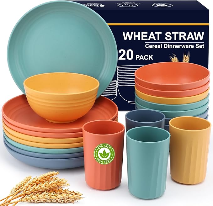 HOTEC 20-Pack Unbreakable Kitchen Plastic Wheat Straw Dinnerware Set – BPA-Free Plates, Bowls &amp; Cups | Lightweight, Microwave &amp; Dishwasher Safe | Multicolor Reusable Tableware for Home &amp; Outdoor Use