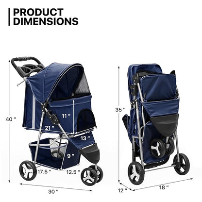 MoNiBloom 3 Wheels Pet Stroller, Foldable Dog Cat Cage Jogger Stroller with Weather Cover for All-Season, Storage Basket and Cup Holder, Breathable and Visible Mesh for Small/Medium Pets, Blue