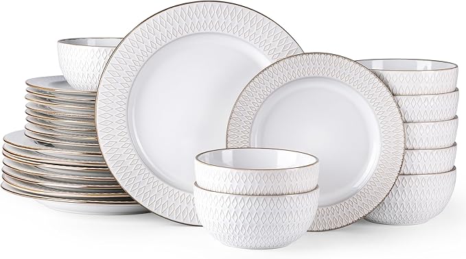 GBHOME Ceramic Dinnerware Sets, 24 pcs Embossed Elegant Stoneware Plates and Bowls Sets, Housewarming Wedding Gift | Dishwasher &amp; Microwave Safe | Dishes Set Service for 8