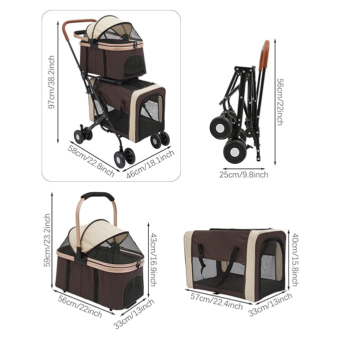 Double Pet Stroller with Detachable Carriers, Large Cat &amp; Dog Stroller with 4 Wheels, Foldable Pet Strollers Small &amp; Medium Dogs Cats 77lbs (Coffee Color)