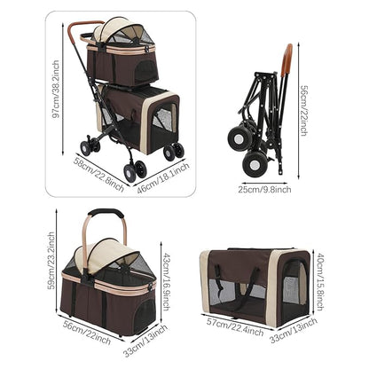 2-Layers Pet Stroller for 2 Cats/Dogs,Foldable Lightweight 77lbs Capacity Carrier, 4 Wheels, Removable Basket &amp; Storage Pocket,for Small Pets (Coffee)