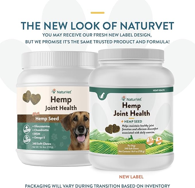 NaturVet Hemp Joint Health Hip &amp; Joint Support Dog Supplement – Soft Chew Supplements for Dogs with Glucosamine, MSM, Chondroitin, Omega 3, Vitamins, Antioxidants – 240 Ct.