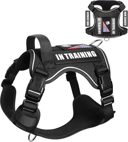 WINSEE Service Dog in Training Harness with 5 PCS Patches, Reflective Tactical Dog Vest Harness, Adjustable Soft Oxford Pet Harness with Easy Control Handle, Hook &amp; Loop Panels for Walking Hiking