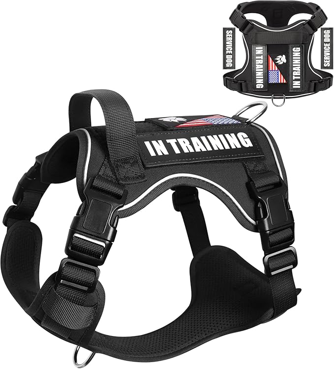 WINSEE Service Dog in Training Harness with 5 PCS Patches, Reflective Tactical Dog Vest Harness, Adjustable Soft Oxford Pet Harness with Easy Control Handle, Hook &amp; Loop Panels for Walking Hiking