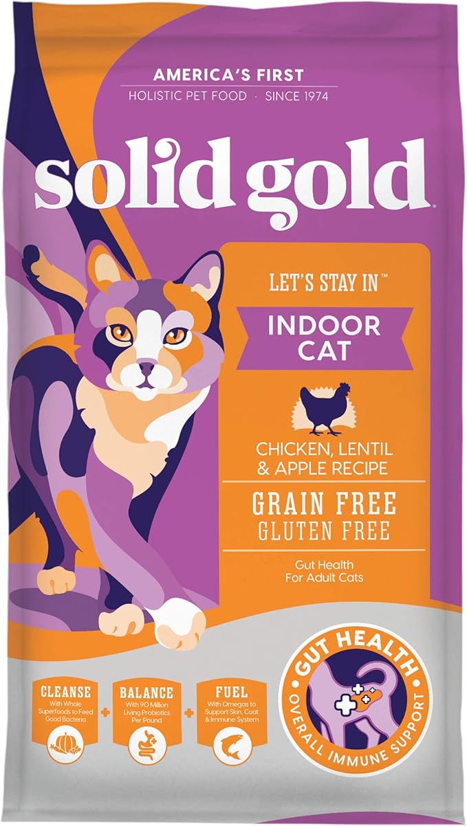 Solid Gold Indoor Dry Cat Food - Grain Free &amp; Gluten Free - Chicken Cat Food Dry Kibble for Indoor Cats w/Probiotics &amp; Fiber for Gut Health - Sensitive Stomach &amp; Hairball Support for Adult Cats - 3LB
