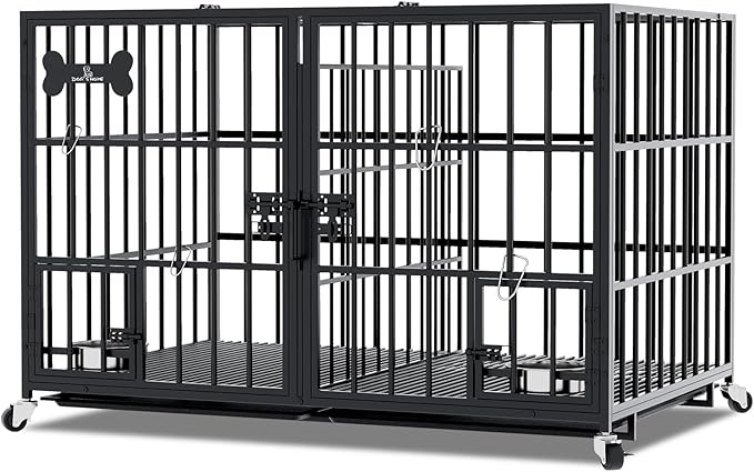 aboxoo 42/48 inch Heavy Duty Metal Dog Crate for 2 Dogs/Large Dog,All Metal Open Top Stackable,Dog Kennel Indoor with Wheels,Floor Grid, Tray, Divider and Feeding Bowl
