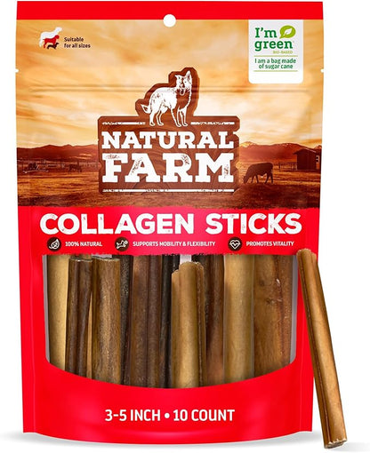 Natural Farm Collagen Dog Chews (3-5”, 10 Units), Odor-Free Long Lasting Bully Sticks &amp; Rawhide Alternative Dog Treats, 95% Collagen Low Fat, High Protein – Small &amp; Medium Dogs