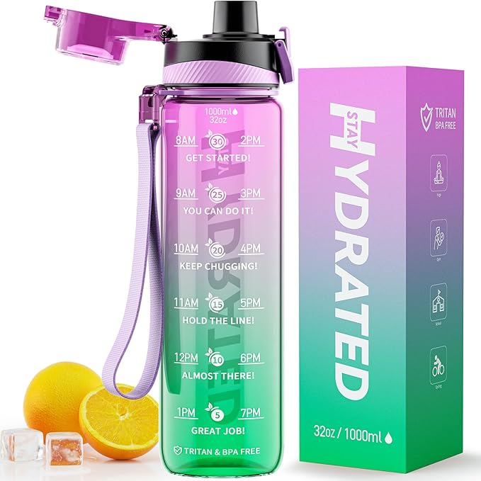 Water Bottle, 32 oz Motivational Water Bottles with Time Marker-Tritan &amp; BPA Free, Sports Water Bottle with Time to Drink &amp; Strap, Wide Mouth, Leakproof -Gift for Christmas Gym Fitness &amp; Outdoor