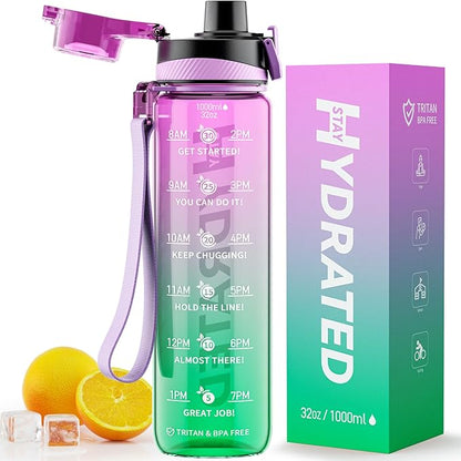 Water Bottle, 32 oz Motivational Water Bottles with Time Marker-Tritan &amp; BPA Free, Sports Water Bottle with Time to Drink &amp; Strap, Wide Mouth, Leakproof -Gift for Christmas Gym Fitness &amp; Outdoor