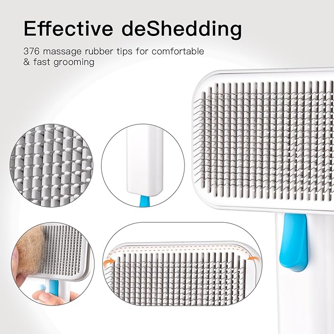 Self Cleaning Slicker Dog Cat Brush for Shedding - Deshedding Tool with Max Massage Tips, Grooming Brush for Short Medium Haired Cats &amp; Dogs (Blue)