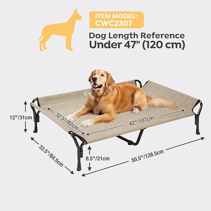 Veehoo Cooling Elevated Dog Bed, XL Raised Pet Cot with Guardrail &amp; Slope Headrest, Durable Breathable Teslin Mesh, Non-Slip Feet, Washable Dog Couch Bed for Indoor &amp; Outdoor, 50.5" x 33.5", Beige
