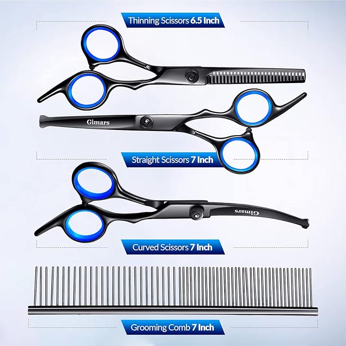 Gimars Dog Grooming Scissors Kit Professional 4CR with Safety Round Tip, 5 in 1 Heavy Duty Titanium Coated Thinning &amp; Curved &amp; Straight Shears