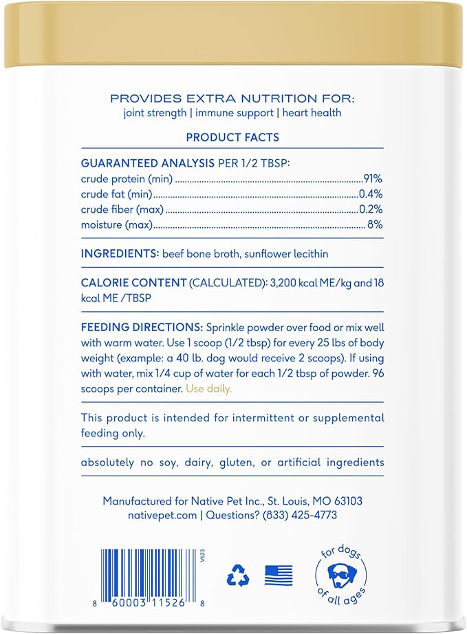 Native Pet Bone Broth for Dogs and Cats - Made with Real Beef Bone Broth, Dog Food Toppers for Picky Eaters - Provides Extra Hydration &amp; Nutrition for Joint Strength, Immunity &amp; Heart Health-96 Scoops