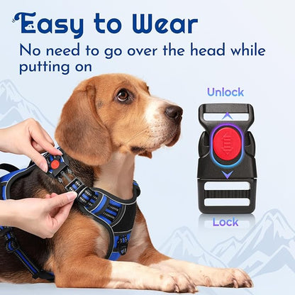 Eagloo Dog Harness for Large Dogs, Easy Wearing with 3 Buckles, Adjustable No Pull Pet Harness with 2 Rings for Walking, No Chock Reflective Soft Padded Vest with Control Handle, Blue &amp; Black, L