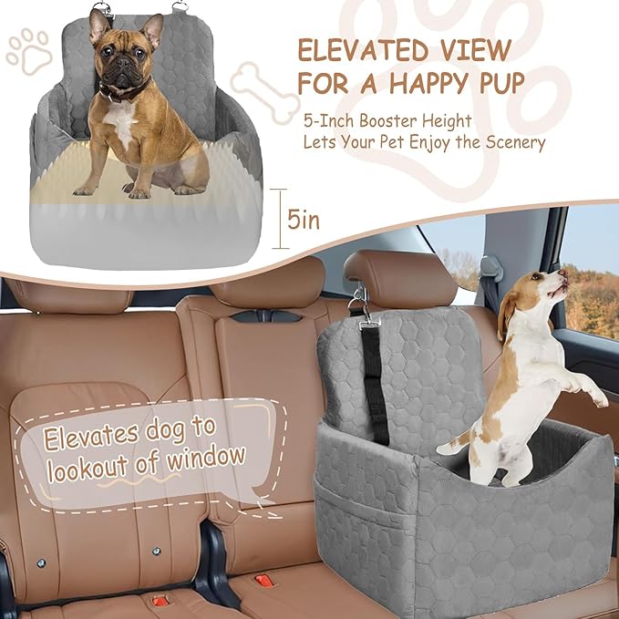 Dog Car Seat for Small/Medium Dogs - Dog Booster Seat with Safety Straps &amp; Non-Slip Base, Travel Pet Car Seat with Storage Pockets, Washable &amp; Removable, Suitable for Dogs Under 35 lbs (Gray)