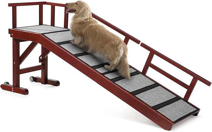 Dog Ramp for Bed or Couch, Wooden Pet Ramp with 20° Gentle Slope, Removable Side Rails, Non-Slip Surface, Top Platform &amp; Wheels, Safe Bed Ramp for Small, Medium &amp; Senior Dogs, 60" Long, Mahogany