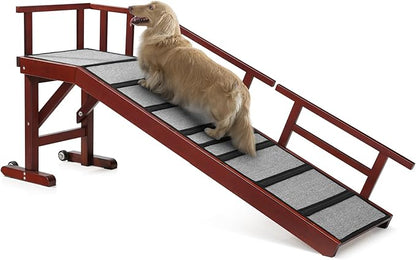 Dog Ramp for Bed or Couch, Wooden Pet Ramp with 20° Gentle Slope, Removable Side Rails, Non-Slip Surface, Top Platform &amp; Wheels, Safe Bed Ramp for Small, Medium &amp; Senior Dogs, 60" Long, Mahogany