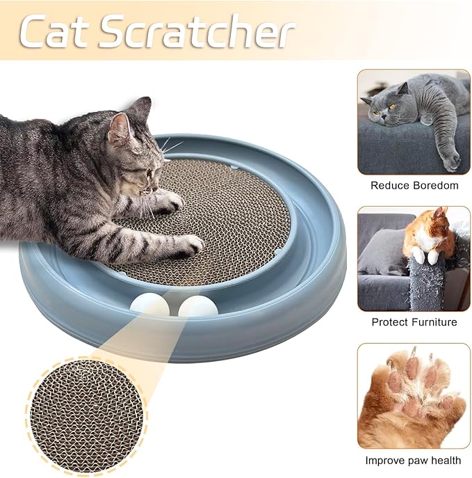 Interactive Cat Ball Track Toy for Indoor Cats, Cat Scratching Board &amp; Exercise Set for Bored Indoor Adult and Kitten Mental &amp; Physical Stimulation, with Spare Ball to Prevent Loss (Grey)