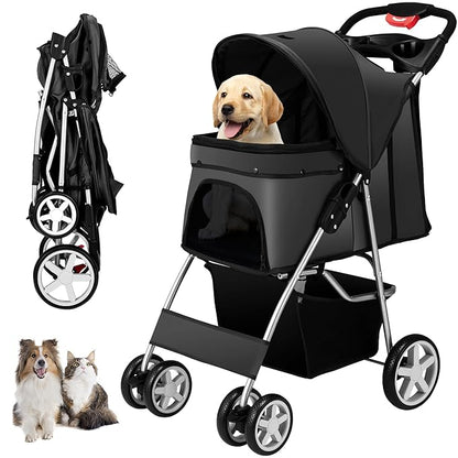 4 Wheels Pet Stroller for Small Medium Dogs Cats 10-33 lbs, Foldable Dog and Cat Stroller with Cup Holder &amp; Storage Basket &amp; Breathable Mesh, Pet Strolling Cart for All-Season, Black