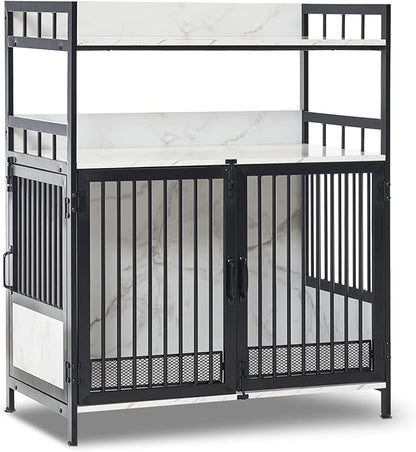 MCombo Furniture Style Dog Crate with Storage Shelves, Heavy Duty Wooden Dog Cage End Table, Triple Doors Pet House Indoor, 1368 (White)