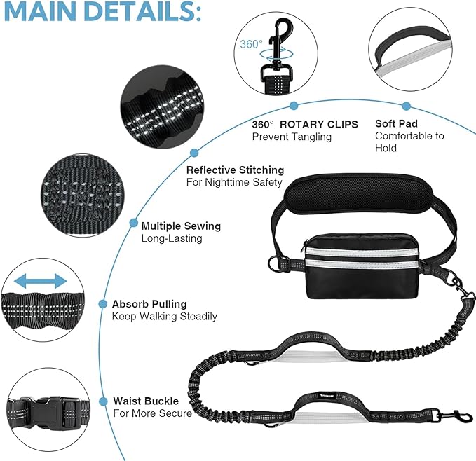 Hands Free Dog Leash, Adjustable Waist Belt with Double Padded Handles, Retractable Bungee for Medium &amp; Large Dogs, Waist Leash for Dog Walking, Running, No Pull, Black