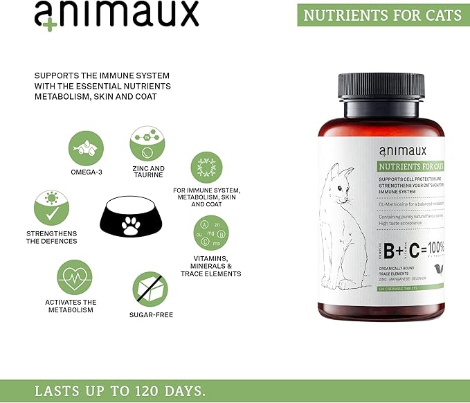 animaux – nutrients for Cats, All-Natural Cat Vitamins, Cat Essentials to Strengthen The Immune System &amp; Natural Cell Protection, Healthy Skin &amp; Shiny Coat, 120 Chewable Tablets, 120 Days Supply