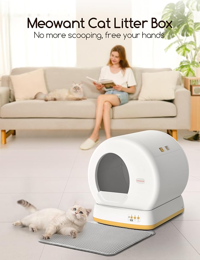 MeoWant Self-Cleaning Cat Litter Box, Advanced Safety System Automatic Cat Litter Box Perfect for Multi Cats, Extra Large/Odor Control/APP Control Smart Cat Litter Box with Mat &amp; Liner, Yellow