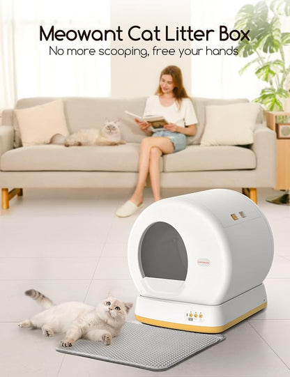 MeoWant Self-Cleaning Cat Litter Box, Advanced Safety System Automatic Cat Litter Box Perfect for Multi Cats, Extra Large/Odor Control/APP Control Smart Cat Litter Box with Mat &amp; Liner, Yellow