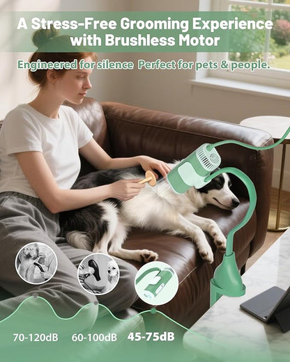 2-in-1 Hands-Free Dog Hair Dryer with Table Clamp – Low Noise Pet Grooming Dryer for Dogs &amp; Cats, Adjustable Heat &amp; Speed, Wearable or Desktop Use(Green)