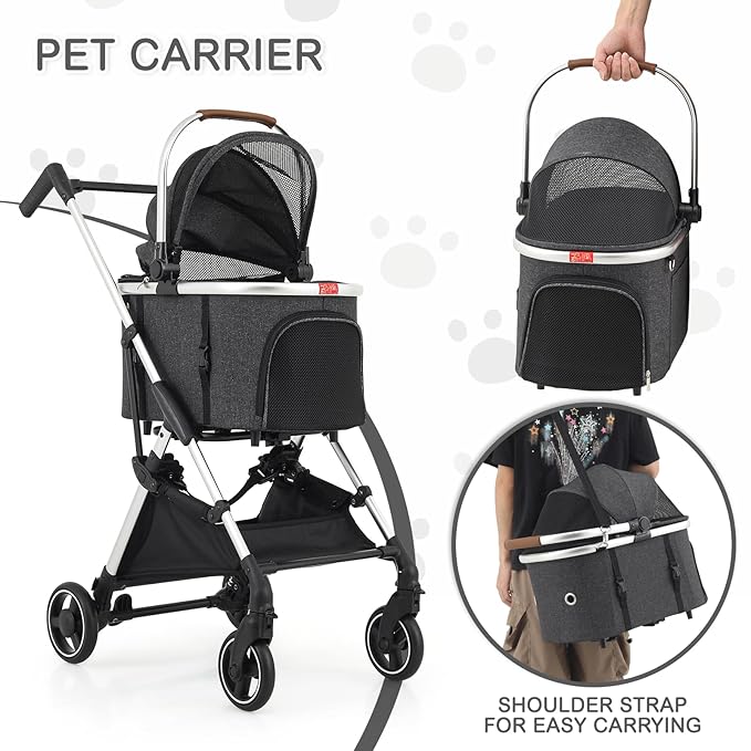 MoNiBloom Pet Stroller for Small/Medium Dogs w/Detachable Carrier &amp; Lightweight Aluminum Frame, Folding Jogging Travel Stroller, Dark Gray