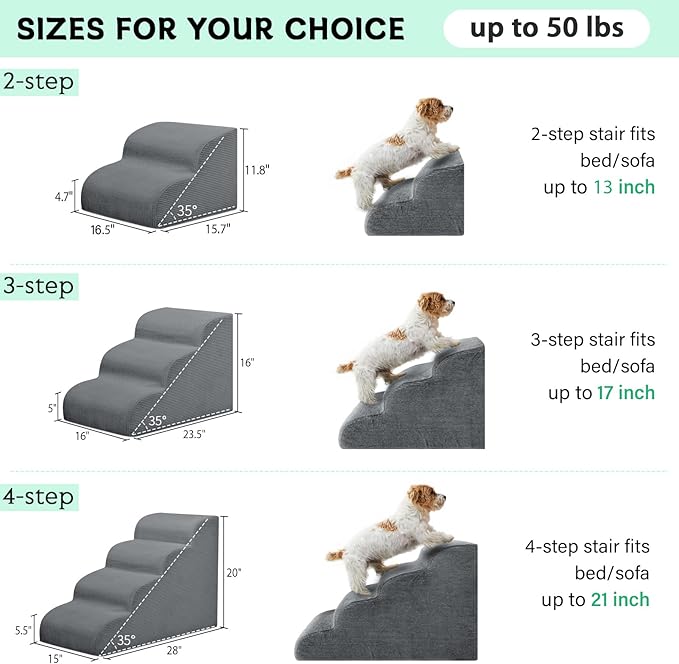 Dog Stairs &amp; Steps for High Beds, 3 Steps High Density Foam Waterproof Dog Ramp for Small Dogs and Cats, Pet Stairs with Removable Washable Cover for Bed, Couch, Sofa and Car (H:16")