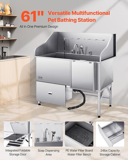 VEVOR Professional 304 Stainless Steel Dog Bathing Station, 61 inch Pet Grooming Tub w/Anti-Slip ramp, Storage Drawer, Cold Hot Faucet Showerhead for Large &amp; Medium &amp; Small (Right Door, with Drawer)