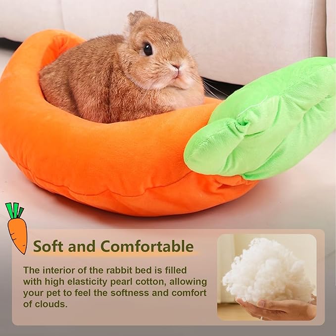Bunny Bed,Thick&amp;Soft Rabbit Bed with Removable Cushion,Machine Washable with Rattan Mat &amp; Heart Decor,Cozy Warm Small Animal Sleeping Beds (Carrot Shape-M)
