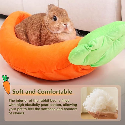Bunny Bed,Thick&amp;Soft Rabbit Bed with Removable Cushion,Machine Washable with Rattan Mat &amp; Heart Decor,Cozy Warm Small Animal Sleeping Beds (Carrot Shape-M)