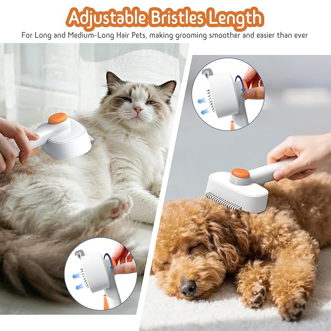 Self Cleaning Slicker Brush, 2-in-1 Cat Brush for Shedding, Skin Friendly Grooming Tool for Long &amp; Medium-Long Hair Pets, Adjustable Bristle Length with Dematting Comb for Cats, Dogs (Orange)