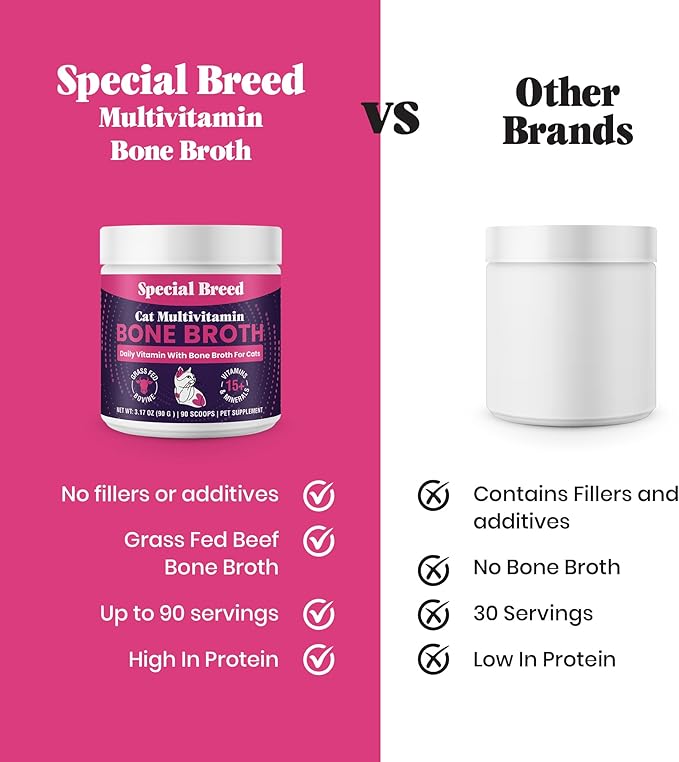 Cat Multivitamin with Grass-Fed Beef Bone Broth – Daily Supplement for Immune, Joint, Skin, Coat &amp; Gut Health – Omega 3s, Lysine, Beta Glucan, Vitamins A-E, C, D – 90 Day Supply – No Fillers