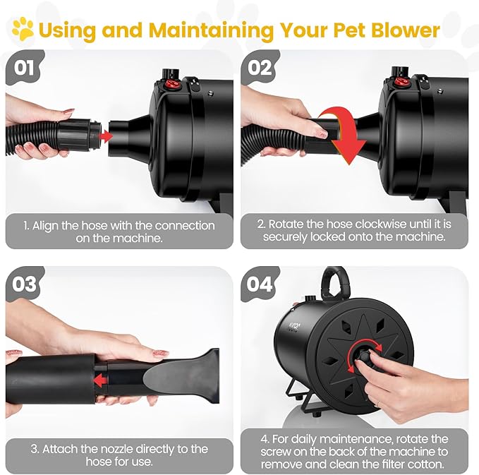 Dog Dryer, 5.2HP/3800W High Velocity Dog Hair Dryer with 4 Nozzles, Stepless Adjustable Speed &amp; Temperature Control, Low Noise Professional Dog Grooming Dryer (Black)