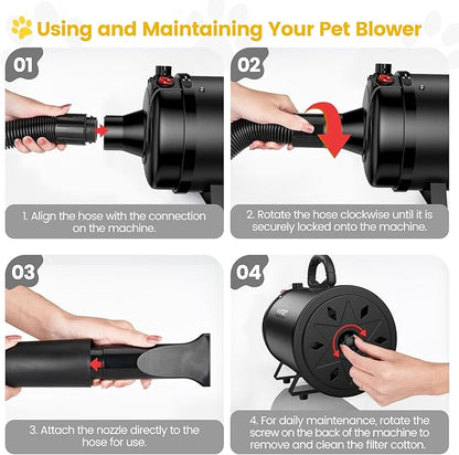 Dog Dryer, 5.2HP/3800W High Velocity Dog Hair Dryer with 4 Nozzles, Stepless Adjustable Speed &amp; Temperature Control, Low Noise Professional Dog Grooming Dryer (Black)