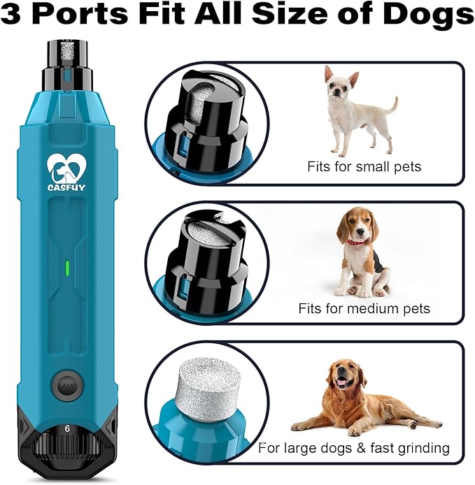 Casfuy 6-Speed Dog Nail Grinder - Newest Enhanced Pet Nail Grinder Super Quiet Rechargeable Electric Dog Nail Trimmer Painless Paws Grooming &amp; Smoothing Tool for Large Medium Small Dogs (Bright Blue)