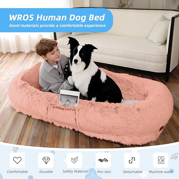 Human Dog Bed for Adults &amp; Pets, 63"x32"x10" Faux Fur Nap Bed with Pillow, Blanket &amp; Strap, Orthopedic Washable Lounger for Sleeping, Relaxing, Cuddling – Pink