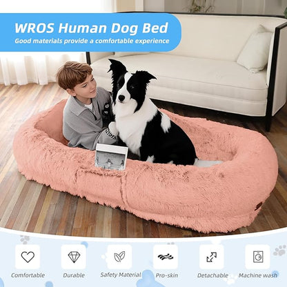 Human Dog Bed for Adults &amp; Pets, 63"x32"x10" Faux Fur Nap Bed with Pillow, Blanket &amp; Strap, Orthopedic Washable Lounger for Sleeping, Relaxing, Cuddling – Pink