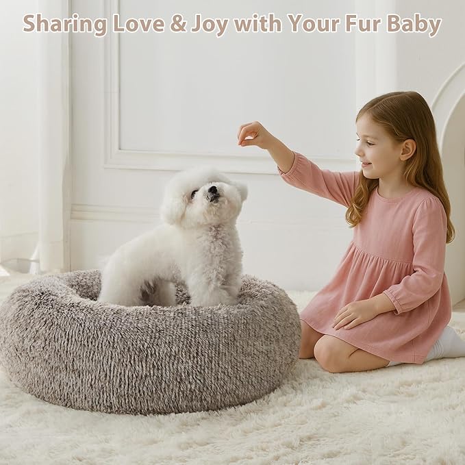 WNPETHOME Calming Dog Bed &amp; Cat Bed, Anti-Anxiety Donut Small Dog Bed, Fluffy Faux Fur Cats Cushion Puppy Bed for Small Pets and Cats (24 x 24 inch, Light Coffee)