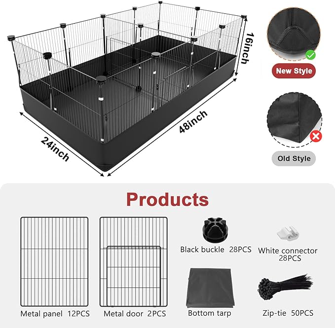 Tresbro Guinea Pig Playpen with 14 Panels &amp; Divided Room, Triple Fixing Measures Small Animal Cage with Waterproof PVC Liner &amp; One-Motion Hooks, Rabbit, Bunny, C&amp;C Grids Cage 48 x 24 x 16 Inches