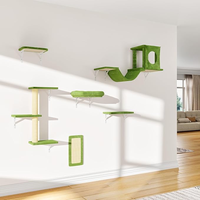 NUNU LAB Wall Mounted Cat Furniture, 6 Pcs Cat Wall Shelves with Condo House, Bridge, Steps, Scratcher, Hammock, Indoor Safe &amp; Stable Furniture for Kittens Play, Green