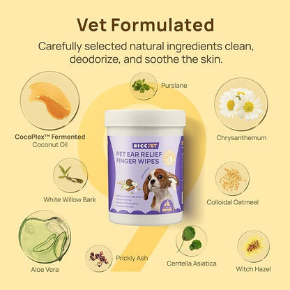 HICC PET Dog Ear Finger Wipes, Ear Cleaner Wipes for Dogs &amp; Cats, Dog Ear Infection Treatment to Relief Itching &amp; Inflammation, Remove Wax, Dirt &amp; Stop Smelly, Non-Irritating, 50ct(Unscented)